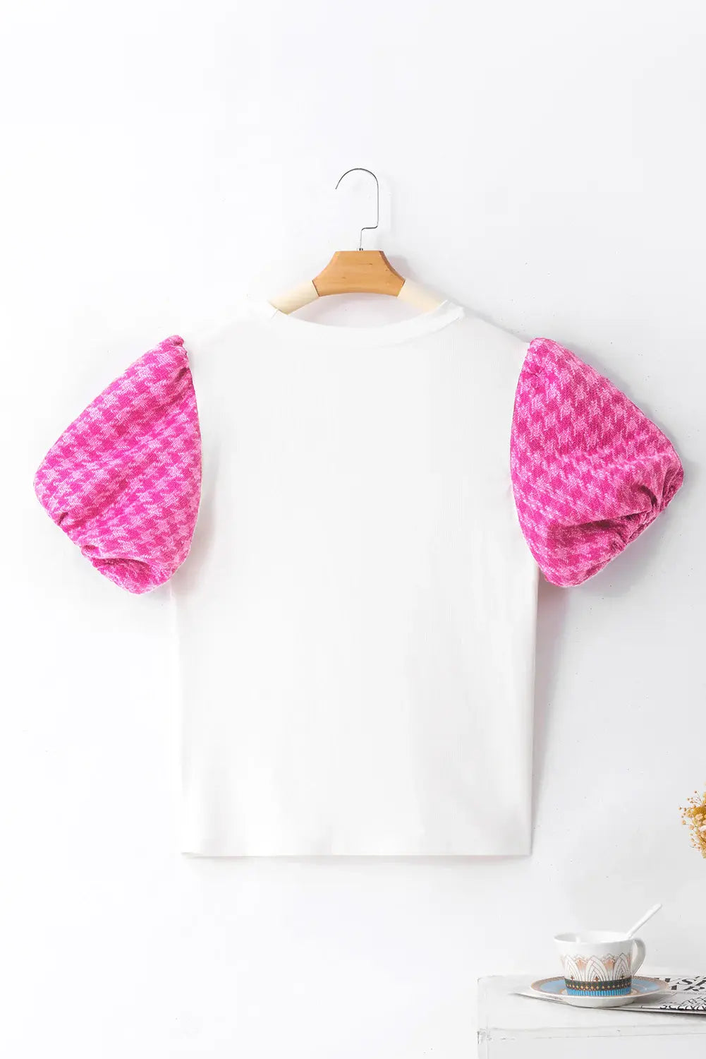 Round Neck Contrast Tweed Puff Sleeve Top - Trendsi - Flyclothing LLC