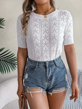 Openwork Round Neck Short Sleeve Knit Top - Trendsi - Flyclothing LLC