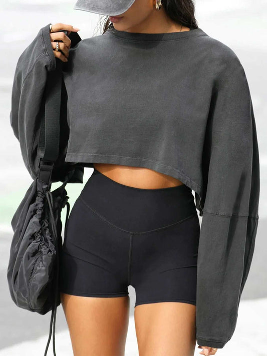 Round Neck Long Sleeve Crop Sweatshirt - Trendsi - Flyclothing LLC