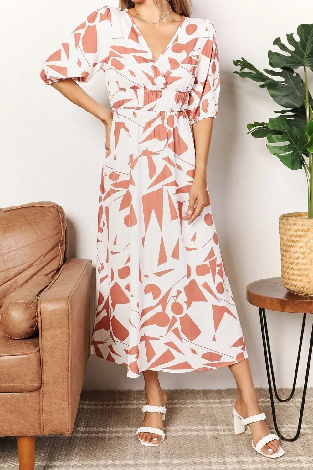 Printed Surplice Balloon Sleeve Dress - Trendsi