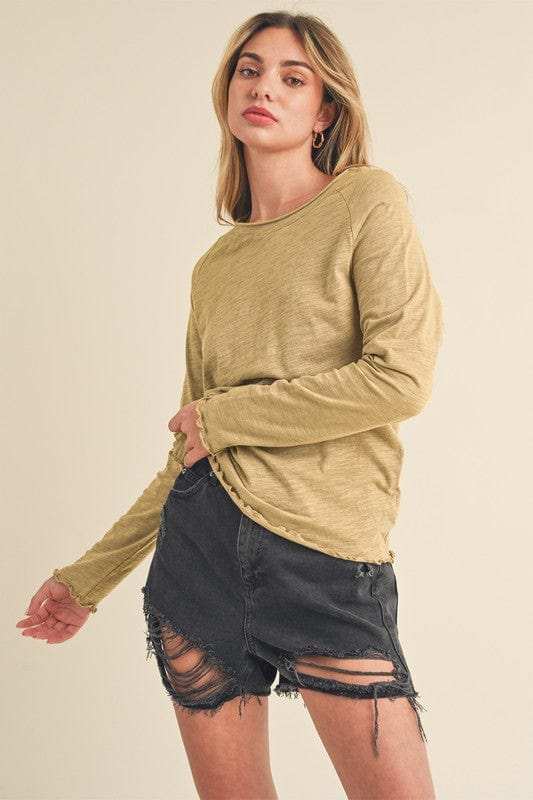Aemi + Co Lettuce Hemline Round Neck Raglan Sleeve T-Shirt - Trendsi - Flyclothing LLC