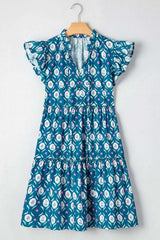 Printed Tie Neck Ruffled Cap Sleeve Dress - Trendsi - Flyclothing LLC