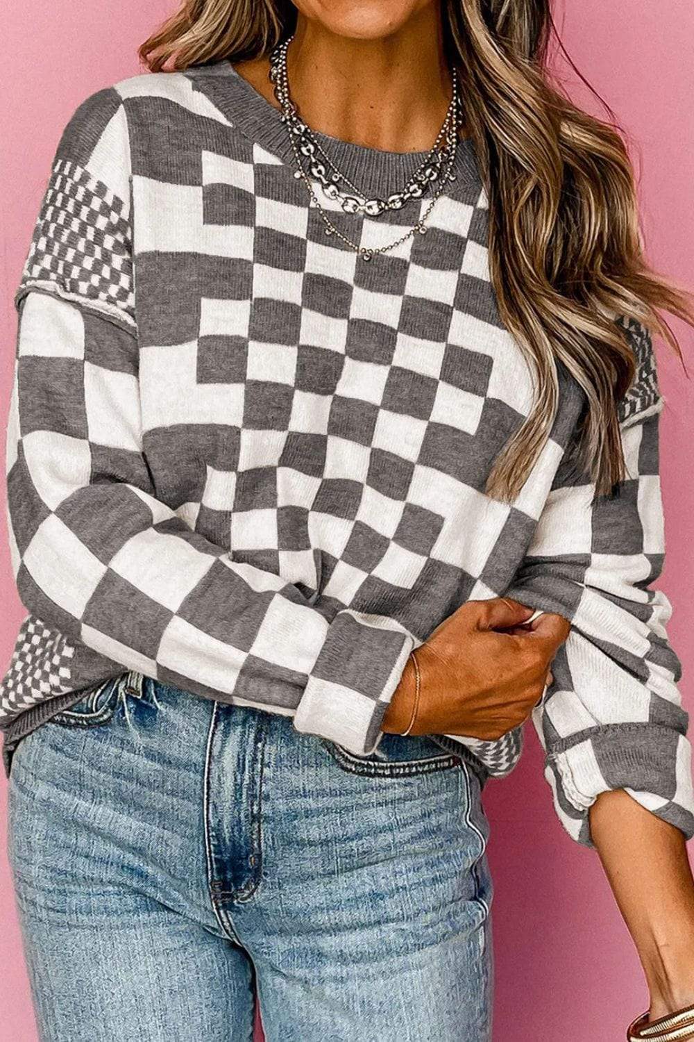Checkered Round Neck Long Sleeve Sweater - Trendsi - Flyclothing LLC