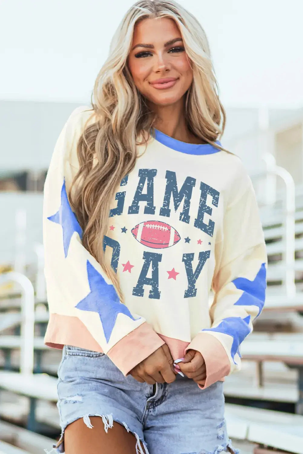 GAME DAY Star Patch Round Neck Long Sleeve Sweatshirt - Trendsi - Flyclothing LLC