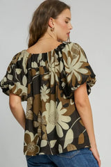 Umgee Full Size Print Round Neck Puff Sleeve Top Plus Size - Trendsi - Flyclothing LLC