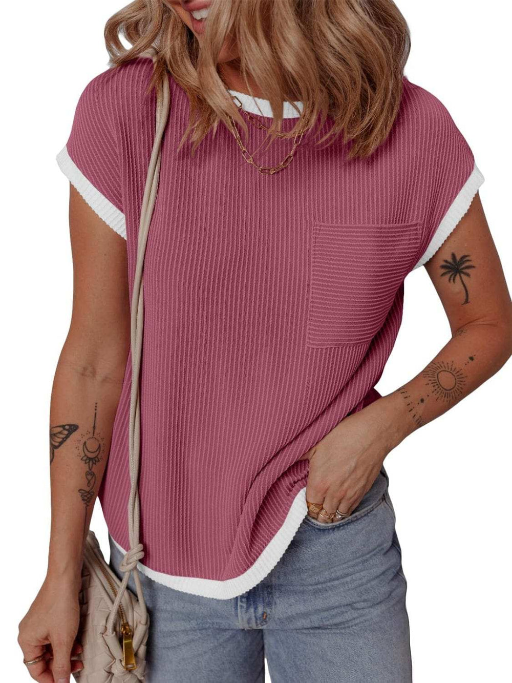 Contrast Trim Round Neck Short Sleeve T-Shirt - Trendsi - Flyclothing LLC
