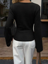 Elegant V-Neck Wrap Asymmetrical Blouse with Flared Sleeves - Trendsi - Flyclothing LLC