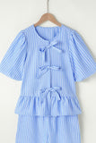 Striped Bowknot Detail Puff Sleeve Top and Shorts Set - Trendsi