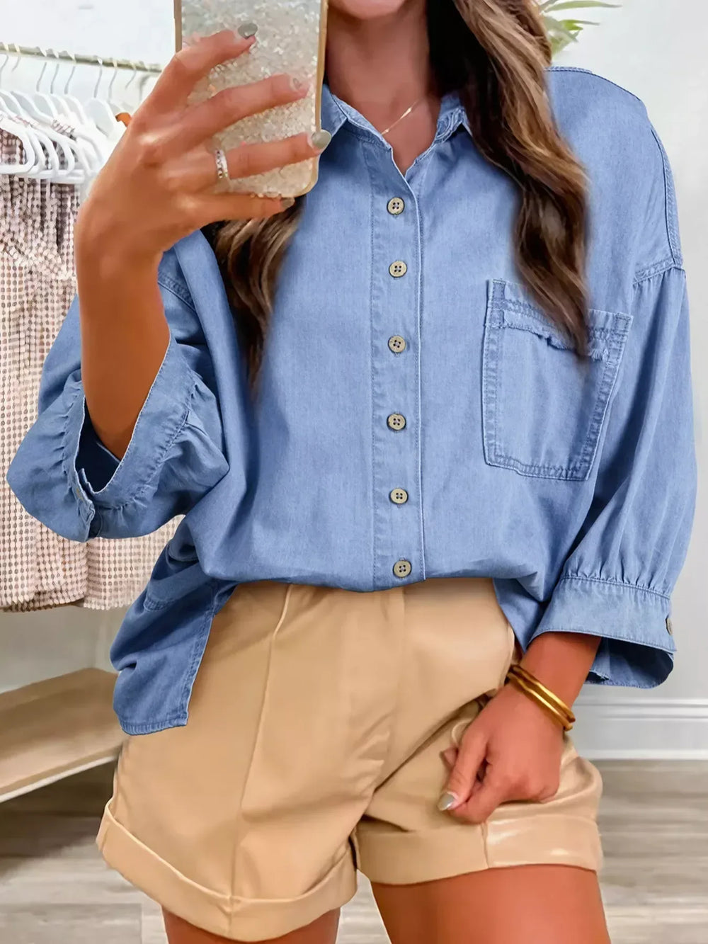 Casual Button Up 3/4 Sleeve Shirt - Trendsi - Flyclothing LLC