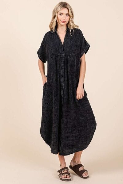 Mittoshop Mineral Wash V Neck Button Up Midi Shirt Dress - Trendsi
