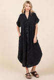 Mittoshop Mineral Wash V Neck Button Up Midi Shirt Dress - Trendsi