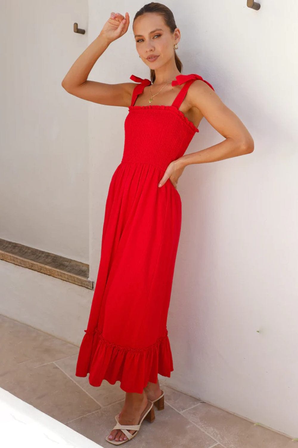 Ruffled Smocked Ruffle Hem Sleeveless Dress - Trendsi