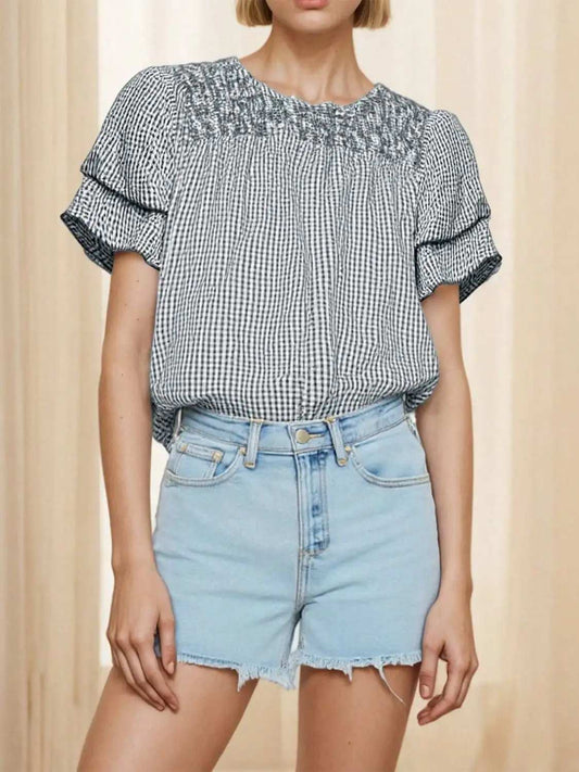 Smocked Plaid Round Neck Layered Short Sleeve Blouse - Trendsi - Flyclothing LLC