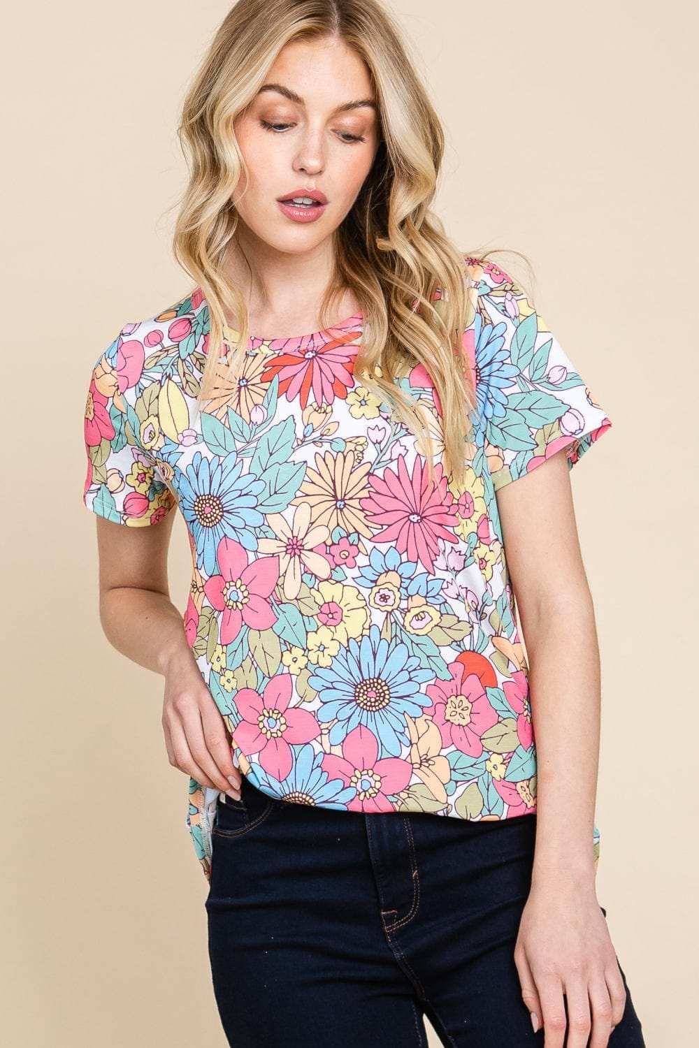 BOMBOM Floral Short Sleeve T-Shirt - Trendsi - Flyclothing LLC
