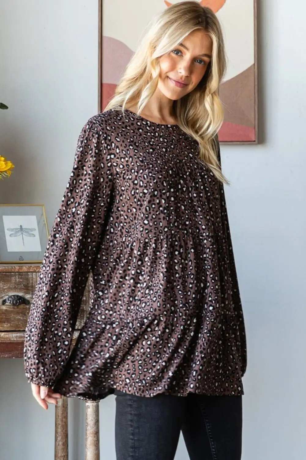 Heimish Leopard Long Sleeve Tiered Blouse - Trendsi - Flyclothing LLC