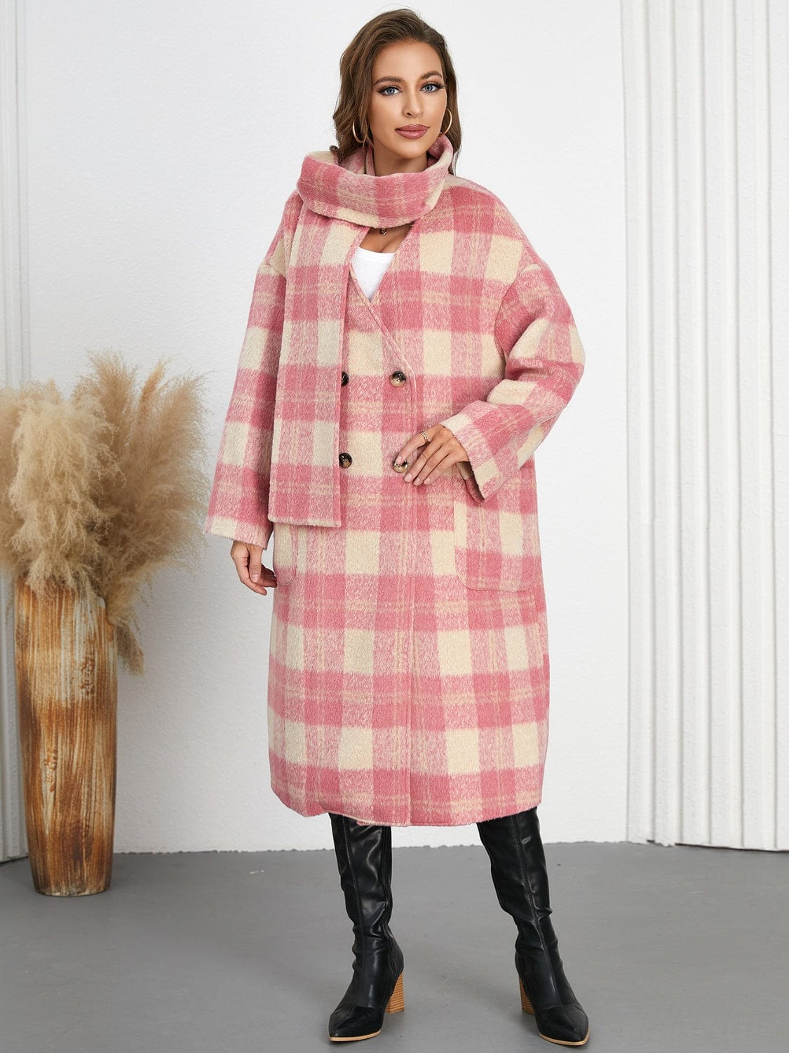 Plaid Button Up Long Sleeve Coat - Trendsi