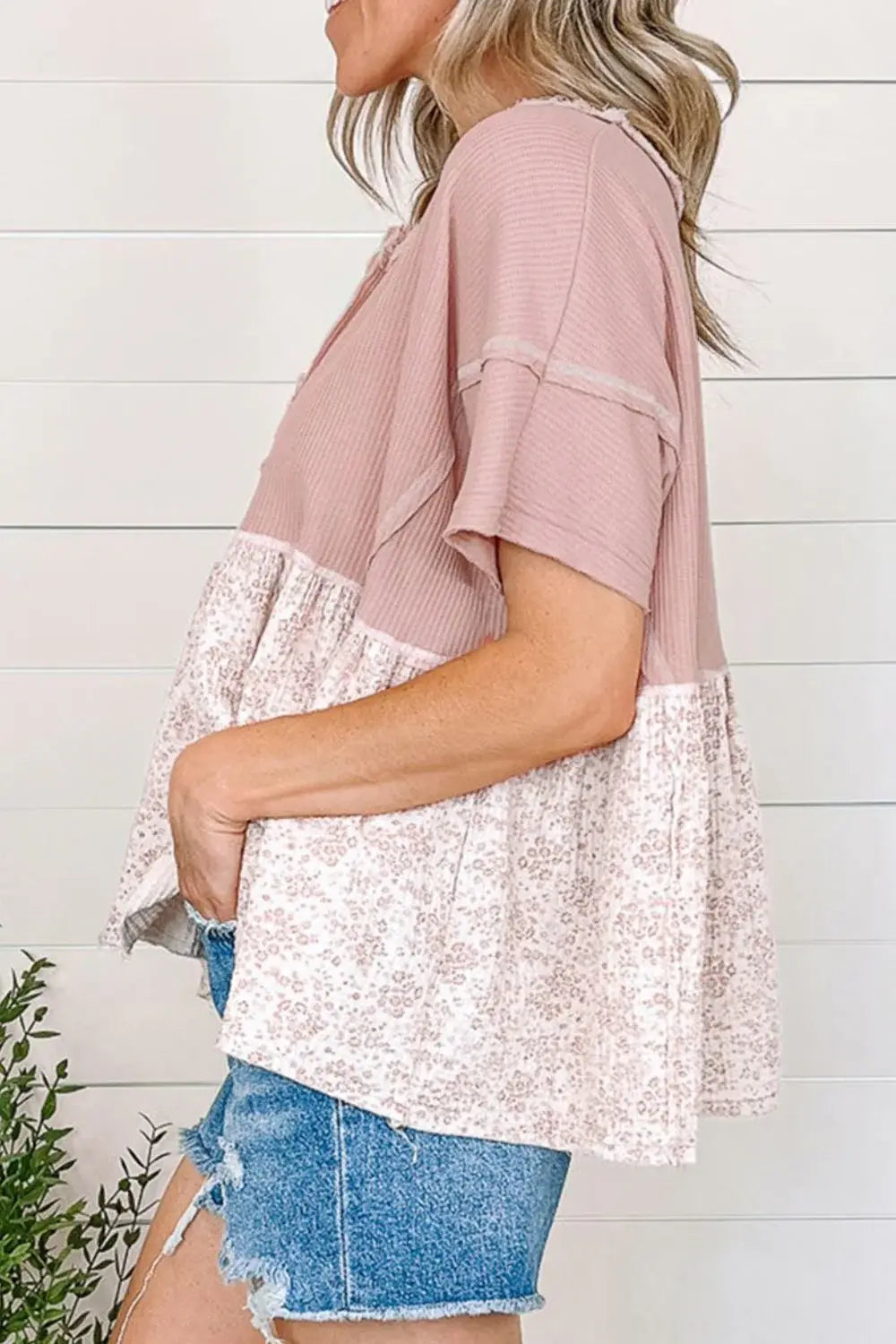 Waffle Floral Patchwork Exposed Seam Detail Short Sleeve Top - Trendsi - Flyclothing LLC