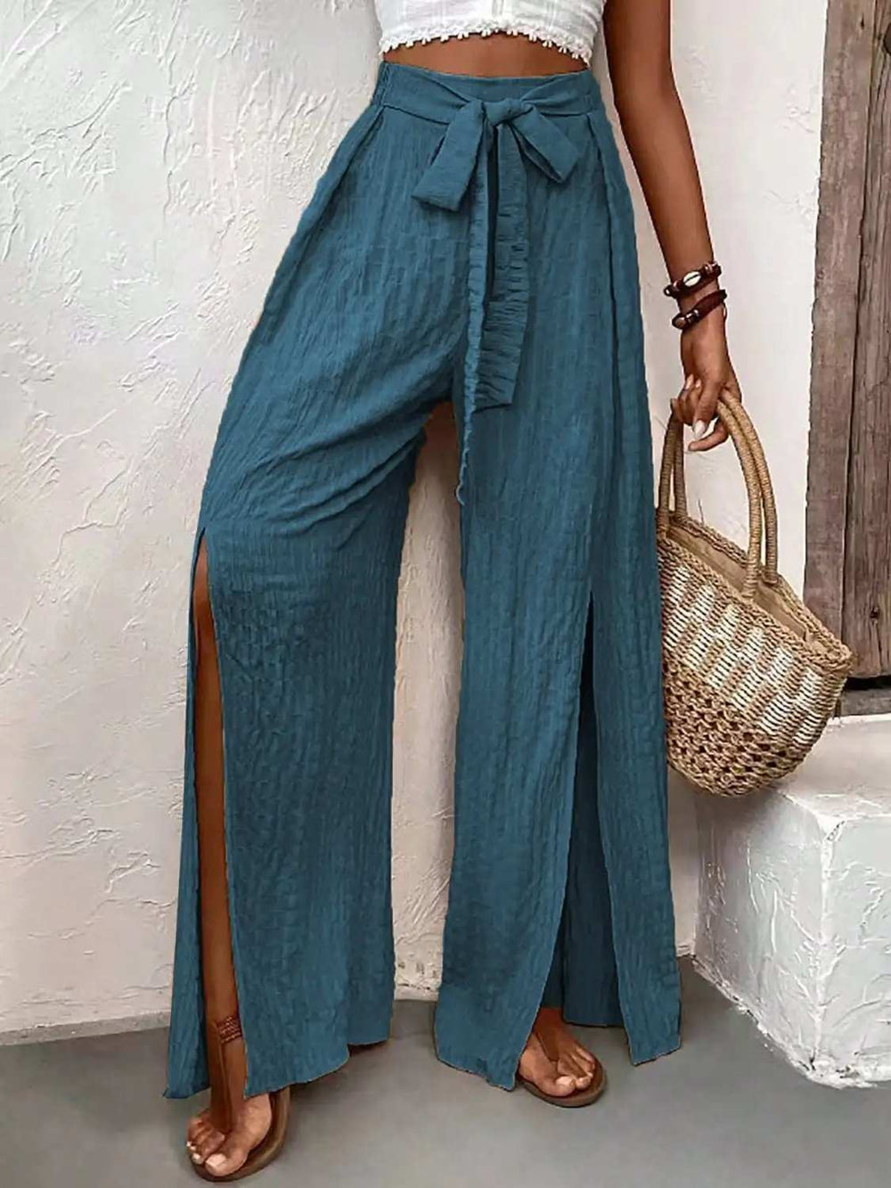 Tied Slit Wide Leg Pants - Trendsi - Flyclothing LLC
