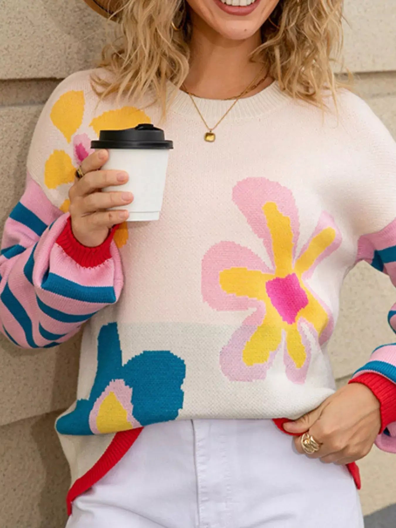 Floral Striped Crew Neck Sweater - Trendsi - Flyclothing LLC