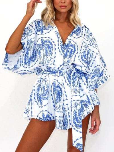 Printed Tie Waist Half Sleeve Romper - Trendsi - Flyclothing LLC