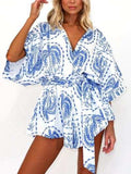 Printed Tie Waist Half Sleeve Romper - Trendsi - Flyclothing LLC