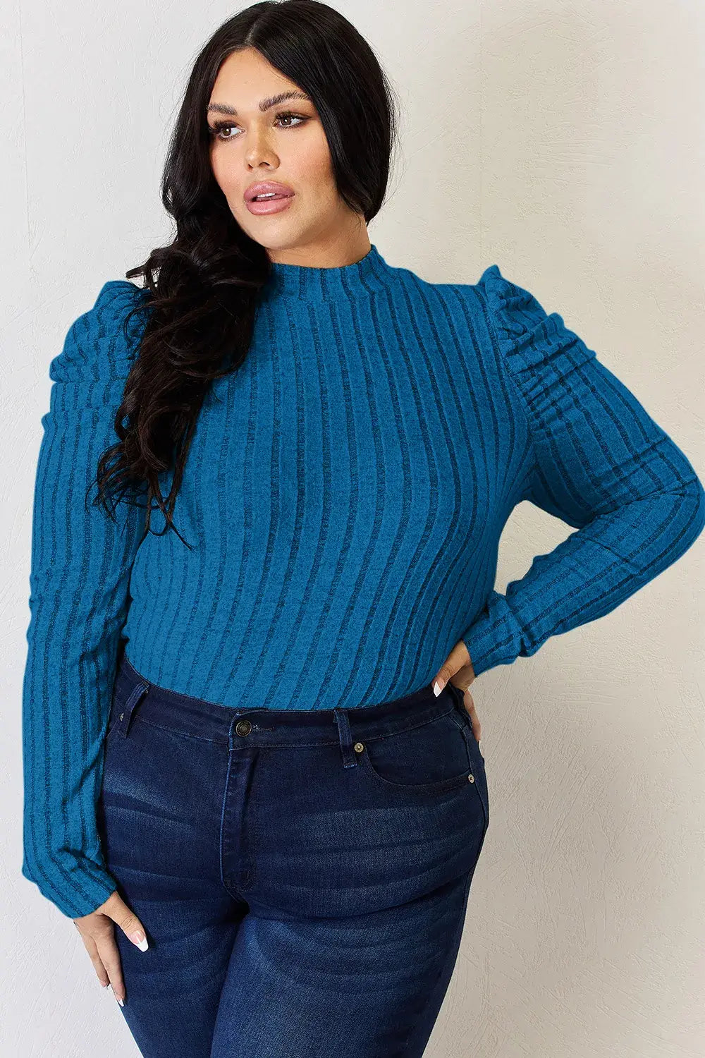 Basic Bae Full Size Ribbed Mock Neck Puff Sleeve T-Shirt - ShopBasicbae - Flyclothing LLC