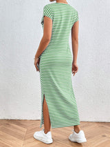 Tied Striped Round Neck Short Sleeve Tee Dress - Trendsi - Flyclothing LLC
