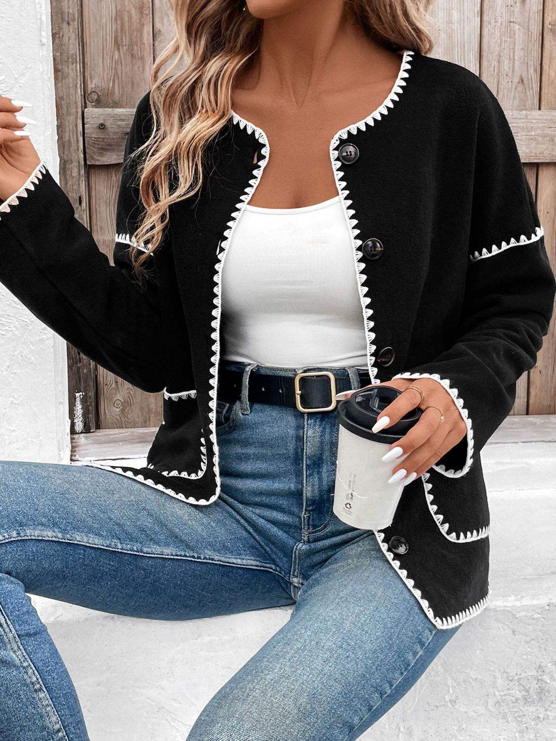 Perfee Pocketed Contrast Button Up Jacket - Trendsi - Flyclothing LLC