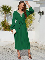 V-Neck Long Sleeve Pleated Dress - Trendsi - Flyclothing LLC