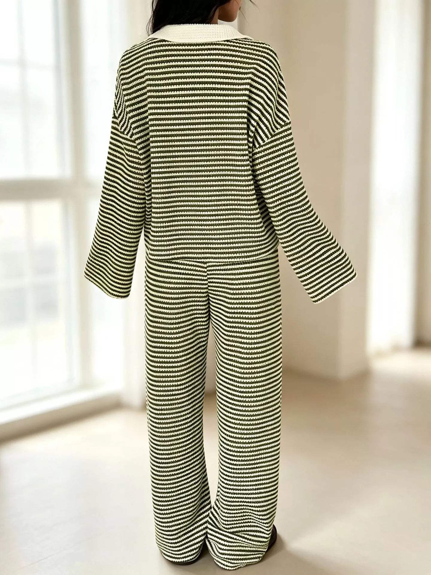 Striped Long Sleeve Polo and Wide-Leg Pants Set - Trendsi - Flyclothing LLC