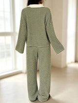 Striped Long Sleeve Polo and Wide-Leg Pants Set - Trendsi - Flyclothing LLC