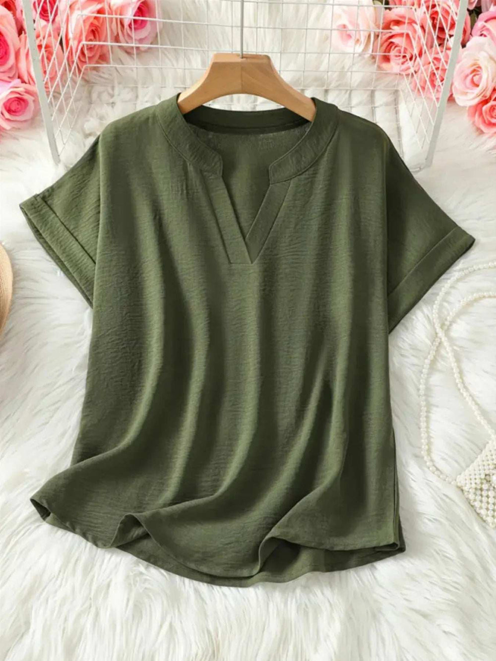 Casual Notched Short Sleeve Blouse - Trendsi - Flyclothing LLC