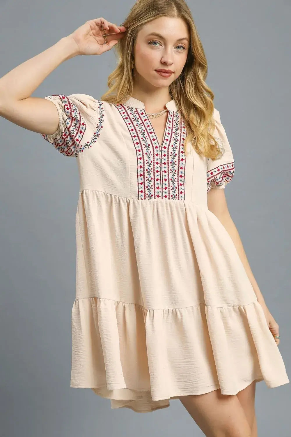 Umgee Floral Trim Puff Sleeve Mini Dress - Trendsi - Flyclothing LLC