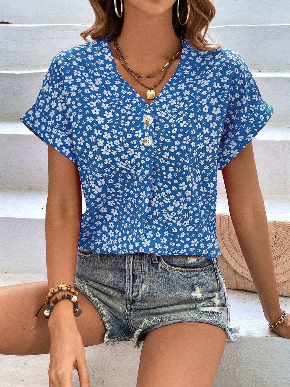 Printed V-Neck Short Sleeve Blouse - Trendsi - Flyclothing LLC