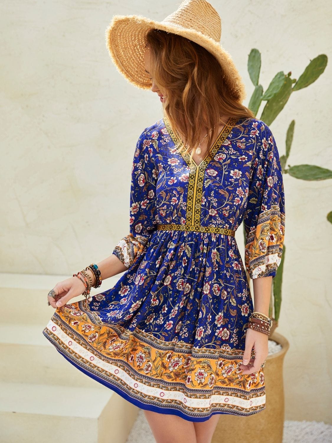 Printed V-Neck Mini Dress - Trendsi