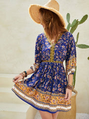 Printed V-Neck Mini Dress - Trendsi