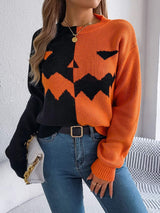 Contrast Round Neck Long Sleeve Sweater - Trendsi - Flyclothing LLC