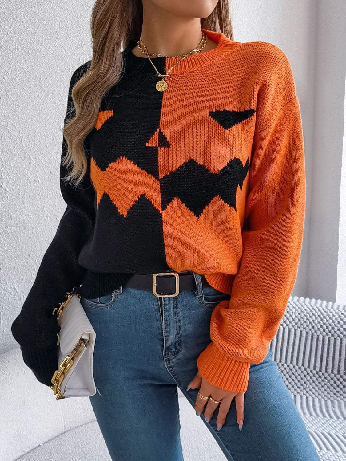 Contrast Round Neck Long Sleeve Sweater - Trendsi - Flyclothing LLC