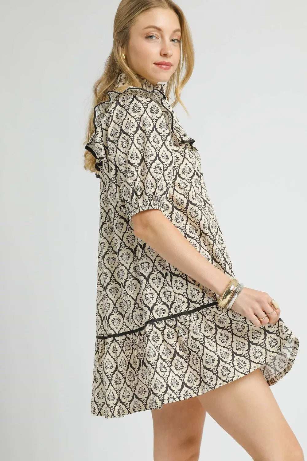 Umgee Ruffled Printed Puff Sleeve Mini Dress - Trendsi - Flyclothing LLC