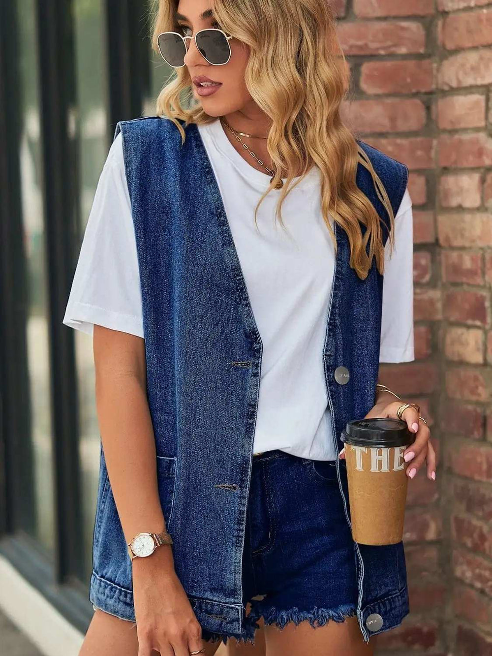 Full Size V-Neck Button Up Denim Vest - Trendsi - Flyclothing LLC