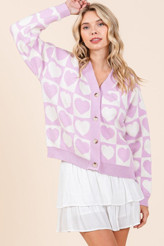 Mittoshop Checkered Heart Button Down Cardigan - Trendsi