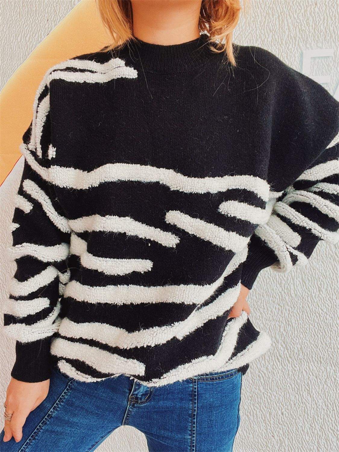 Contrast Round Neck Long Sleeve Sweater - Trendsi - Flyclothing LLC