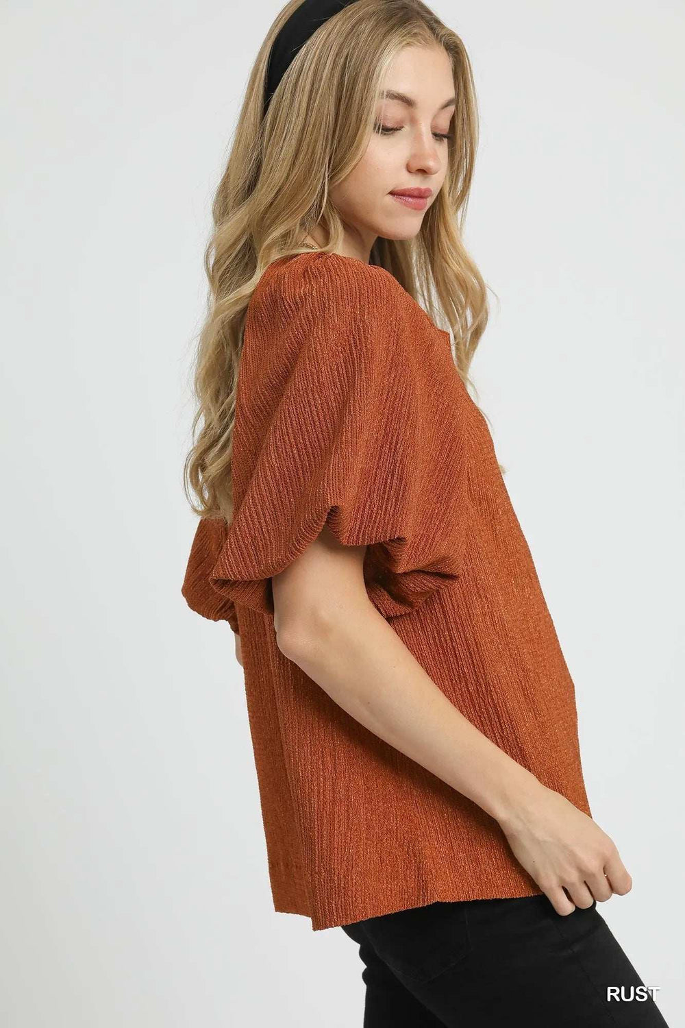 Umgee Textured Flutter Sleeve Notch Neck Top - Trendsi - Flyclothing LLC