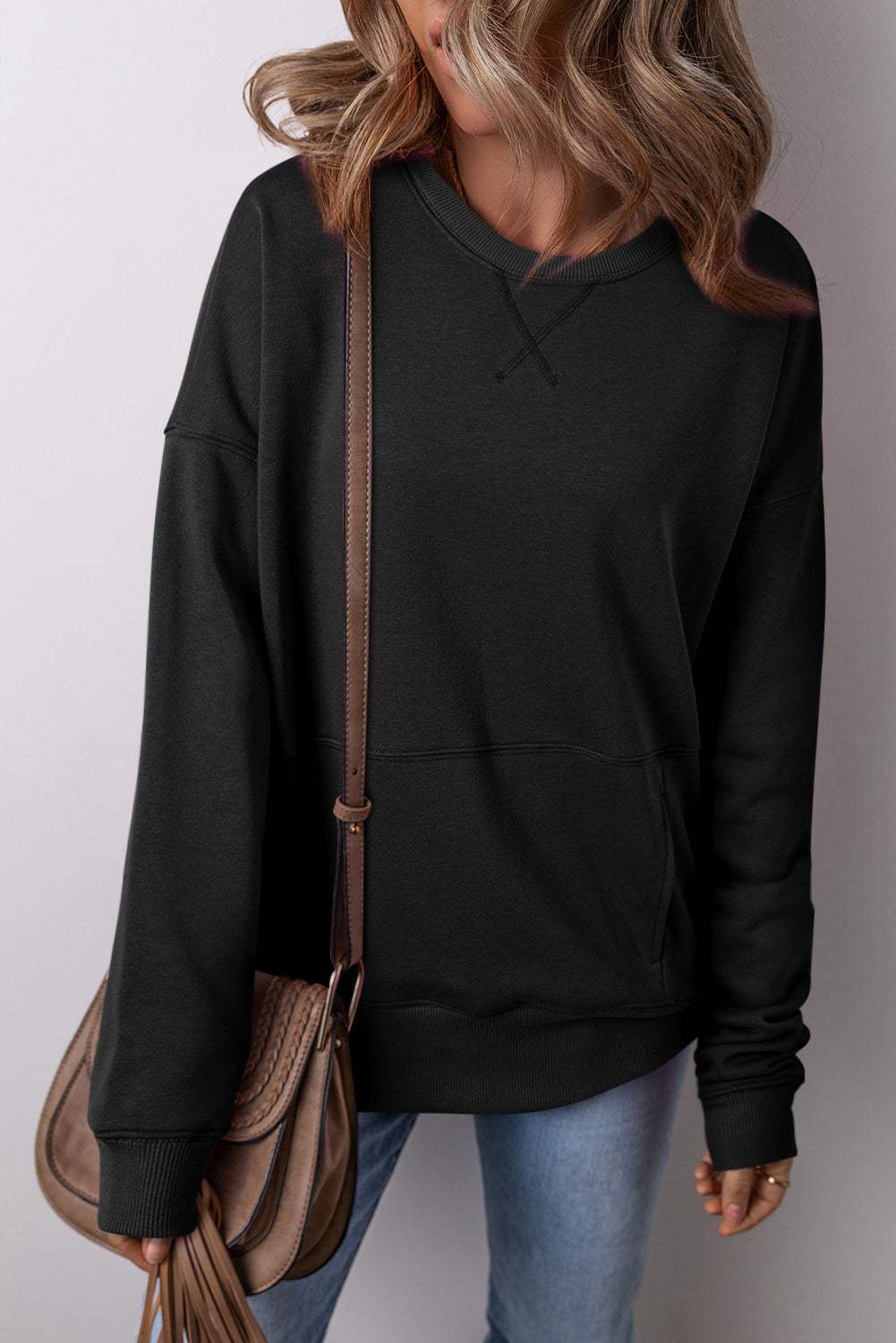 Solid Color Round Neck Long Sleeve Sweatshirt - Trendsi - Flyclothing LLC