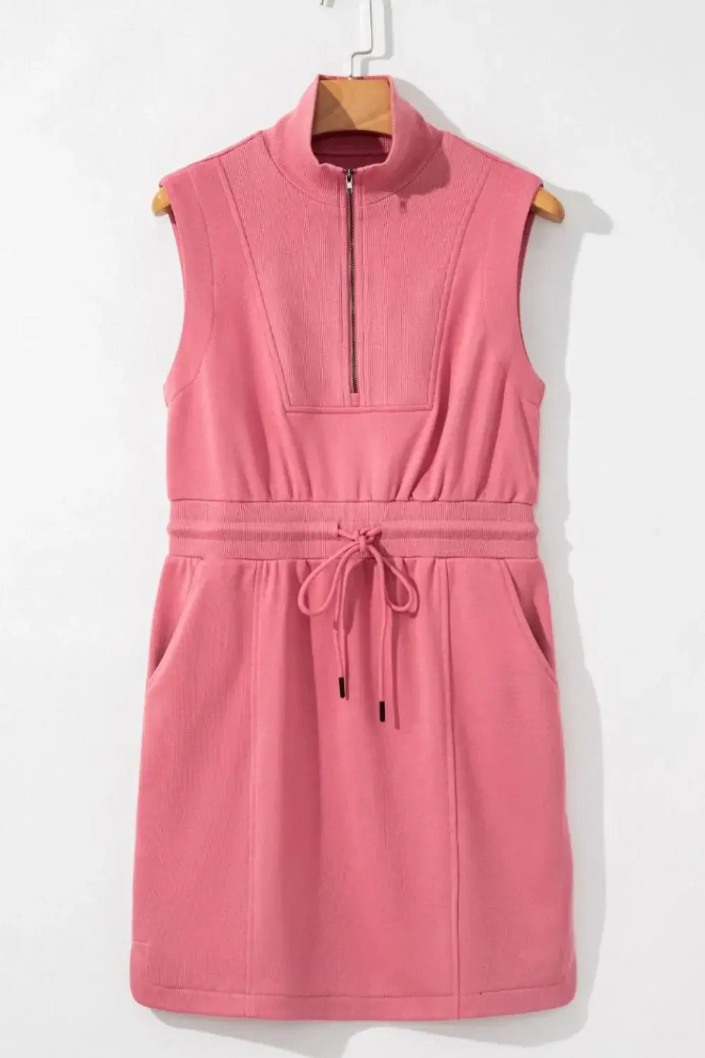 French Terry Zipped Collar Sleeveless Drawstring Waist Mini Dress - Trendsi - Flyclothing LLC