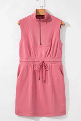 French Terry Zipped Collar Sleeveless Drawstring Waist Mini Dress - Trendsi - Flyclothing LLC