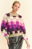 Davi & Dani Checkered Round Neck Long Sleeve Sweater - Trendsi