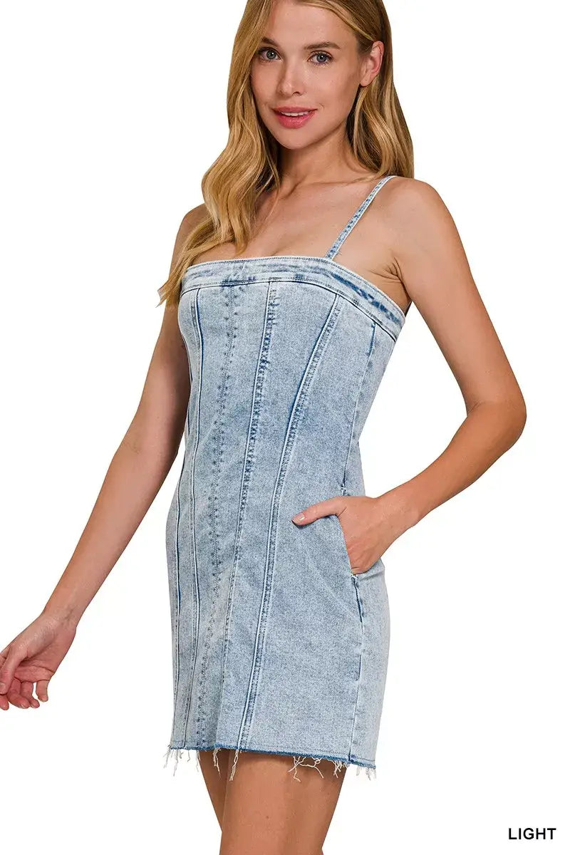 Zenana Spaghetti Strap Exposed Seam Light-Wash Dress - Trendsi - Flyclothing LLC