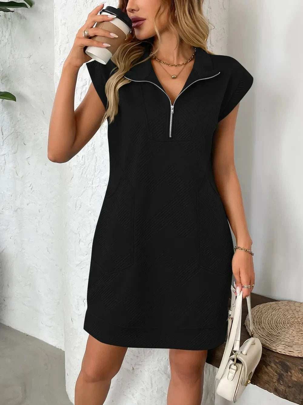 Texture Half Zip Cap Sleeve Mini Dress - Trendsi - Flyclothing LLC