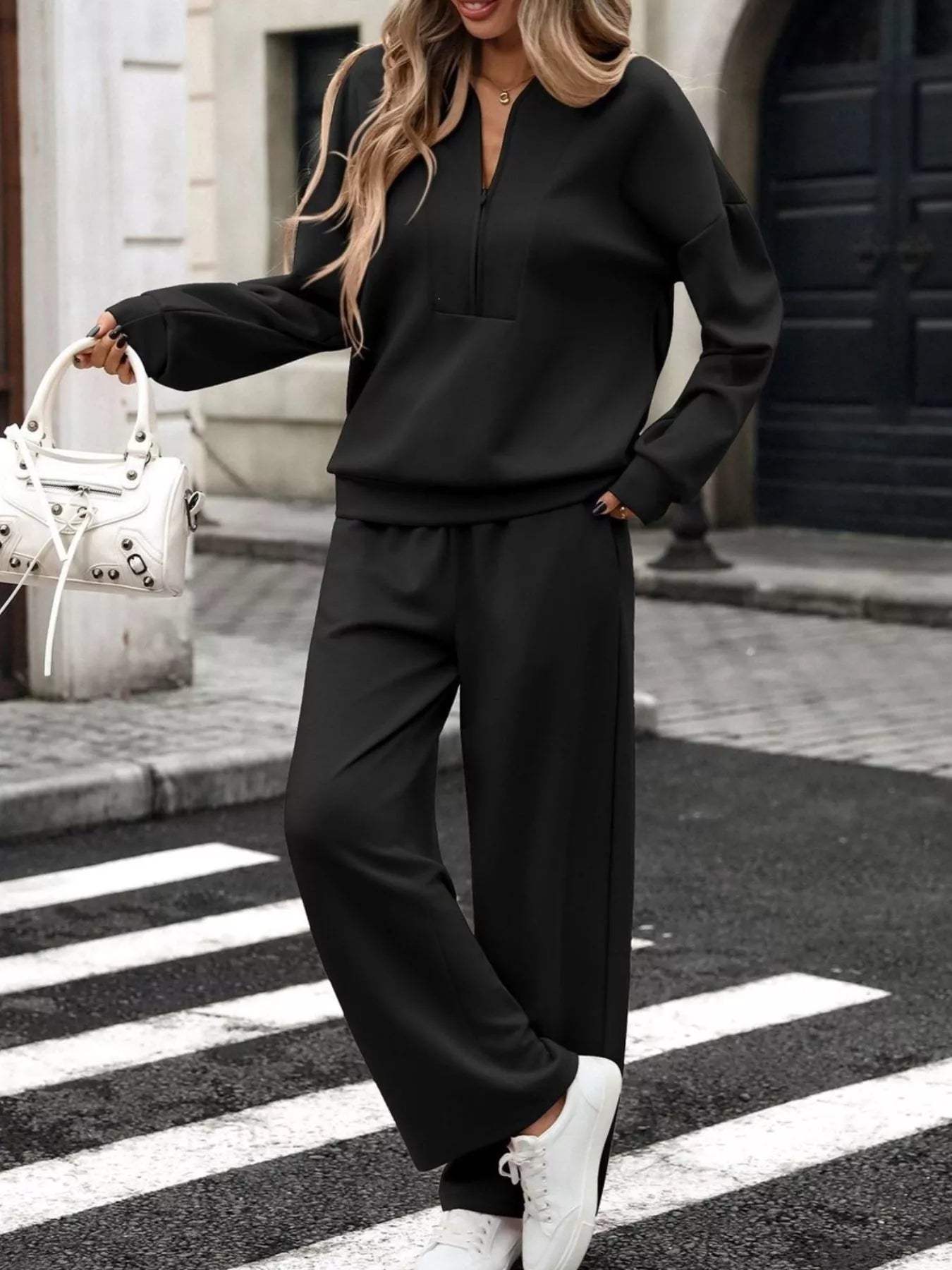 Half Zip Sweatshirt and Wide-Leg Pants Set - Trendsi - Flyclothing LLC